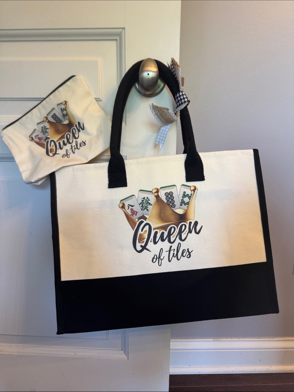 Mahjong Queen of Tiles Canvas Tote Bag in Cream & Black